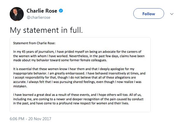 charlie rose twitter statement