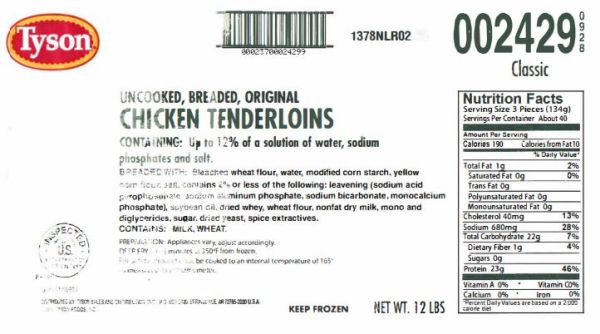 Tyson Chicken Recall Label