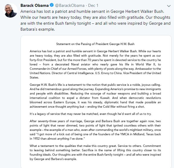 Obama Tweet on Passing of George HW Bush