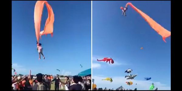 Little girl, 3, goes airborne caught in kite strings as onlookers watch in horror