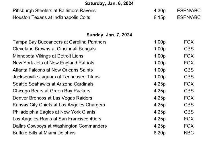 This week’s NFL Week 18 Schedule Steelers v. Ravens; Texans v. Colts