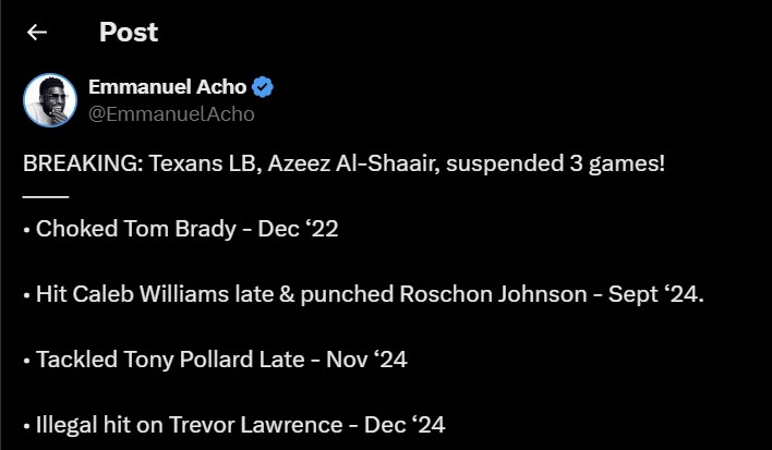 Ace News Today - NFL: Houston Texans’ Azeez Al-Shaair suspended, Image credit: X