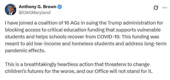 Ace News Today:  Trump administration sued over cutting millions of dollars of education funds to the U.S. States. Image credit: X