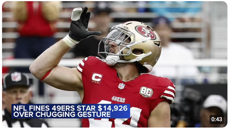 Today: NFL fines 49ers’ Kyle Juszczyk nearly $15,000 for longtime ‘Chugging’ celebration. Image credit: YouTube